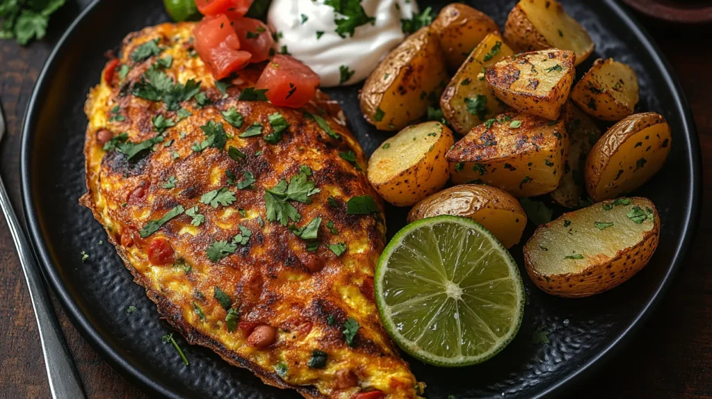 A Mexican omelette served with refried beans, roasted potatoes, and a side of sour cream.