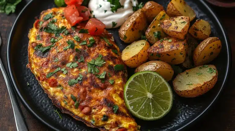 Mexican Omelette Recipe: A Flavorful Breakfast Delight 11 A Mexican omelette served with refried beans, roasted potatoes, and a side of sour cream.