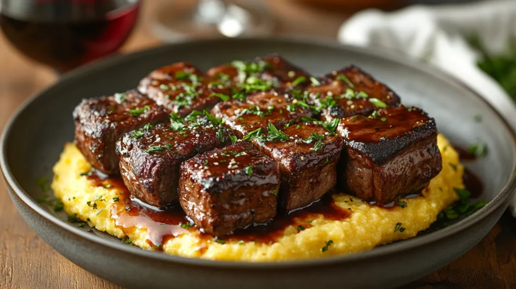 Beef short ribs with oxtail seasoning served over creamy polenta