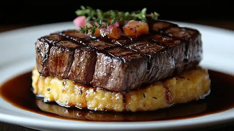 Chopped Steak Recipe: A Flavorful Comfort Food Delight 5 Gourmet chopped steak served with polenta and a balsamic glaze, garnished with fresh thyme on an elegant table setting.