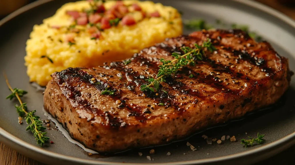 A gourmet-style chopped steak served with polenta, topped with a balsamic glaze, and garnished with fresh thyme on an elegant plate.