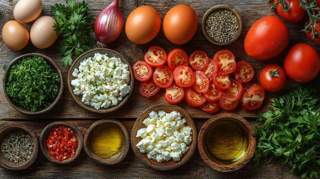 Fresh ingredients for a Greek omelette, including eggs, tomatoes, feta cheese, onions, and olive oil.