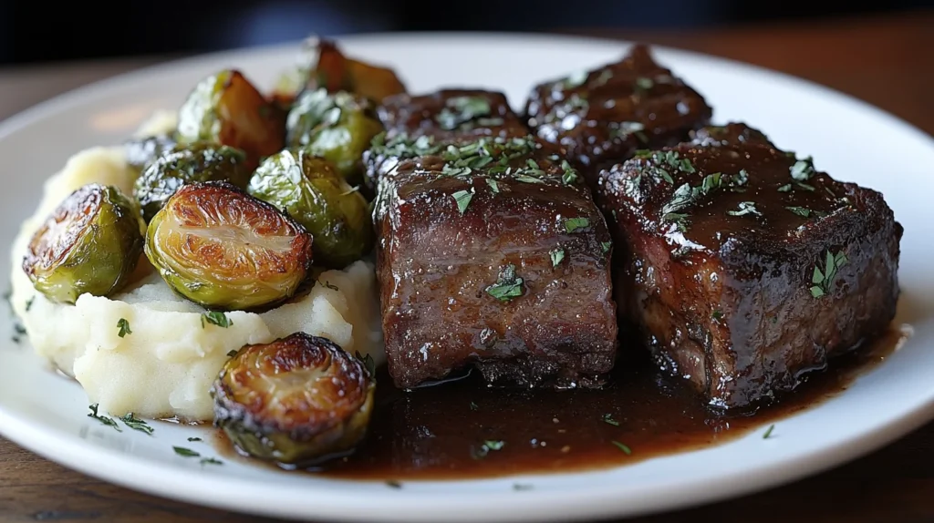 Boneless beef short ribs cooked to perfection with braising liquid