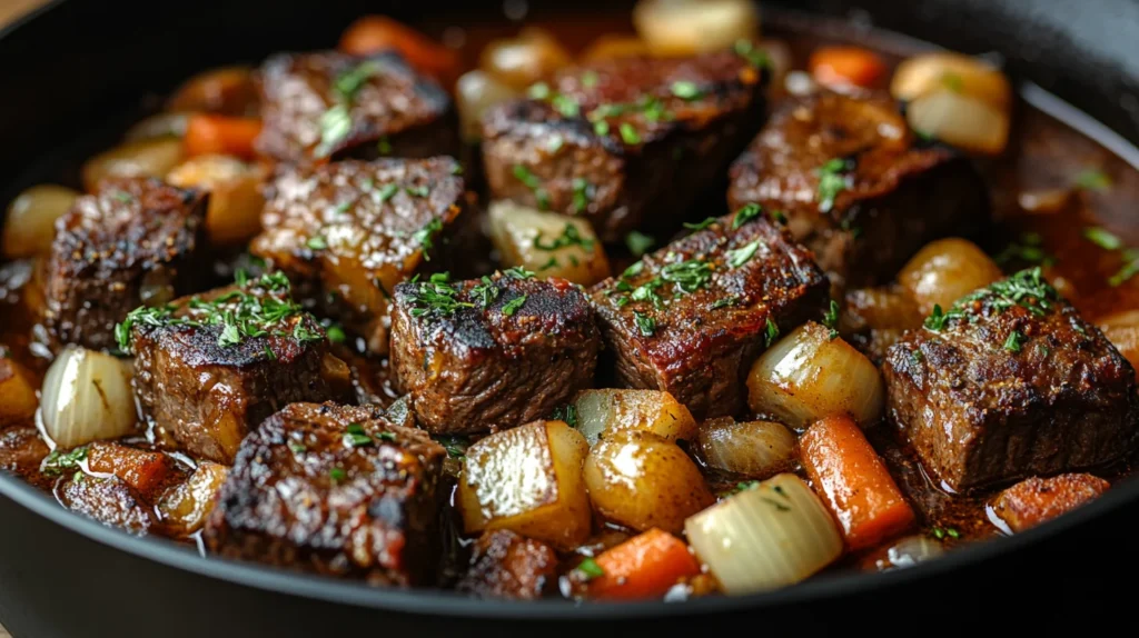 Boneless beef short ribs braised in a Dutch oven with vegetables and herbs.