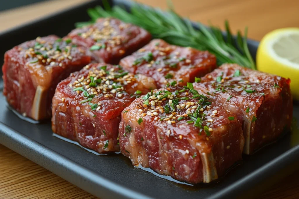 Marinated boneless short ribs ready for grilling