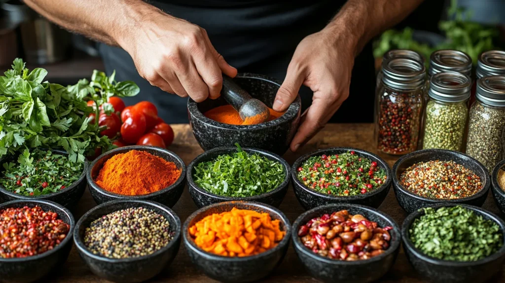 Blending spices for homemade oxtail seasoning in a mortar and pestle.