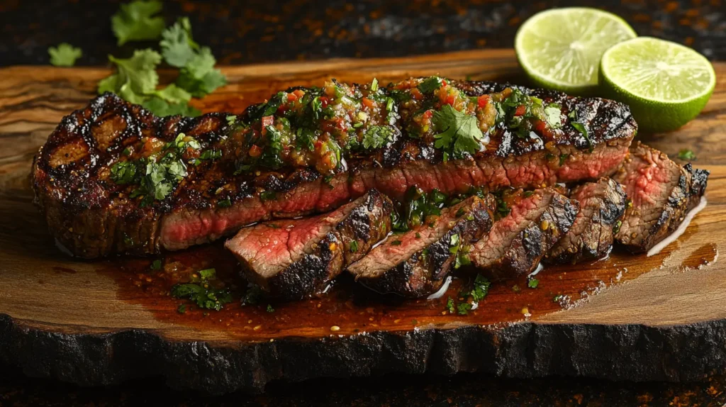 Juicy grilled chipotle steak on a wooden platter with lime wedges and cilantro.