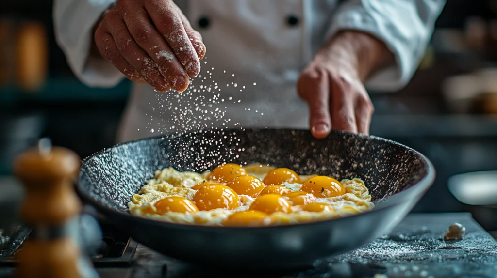 Chef beating eggs in a bowl for Omelette