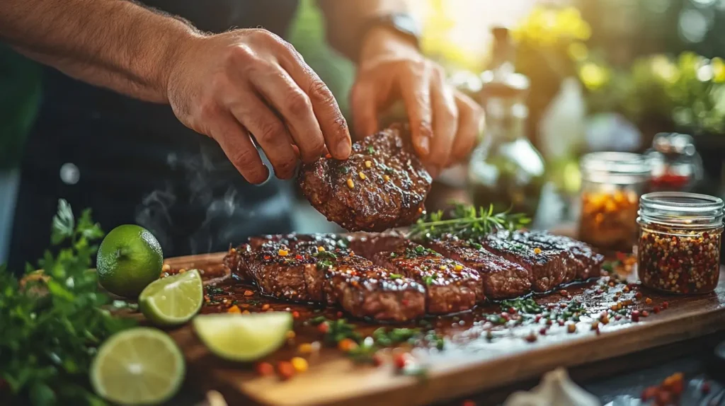 A cook preparing steak by rubbing marinade over the meat.