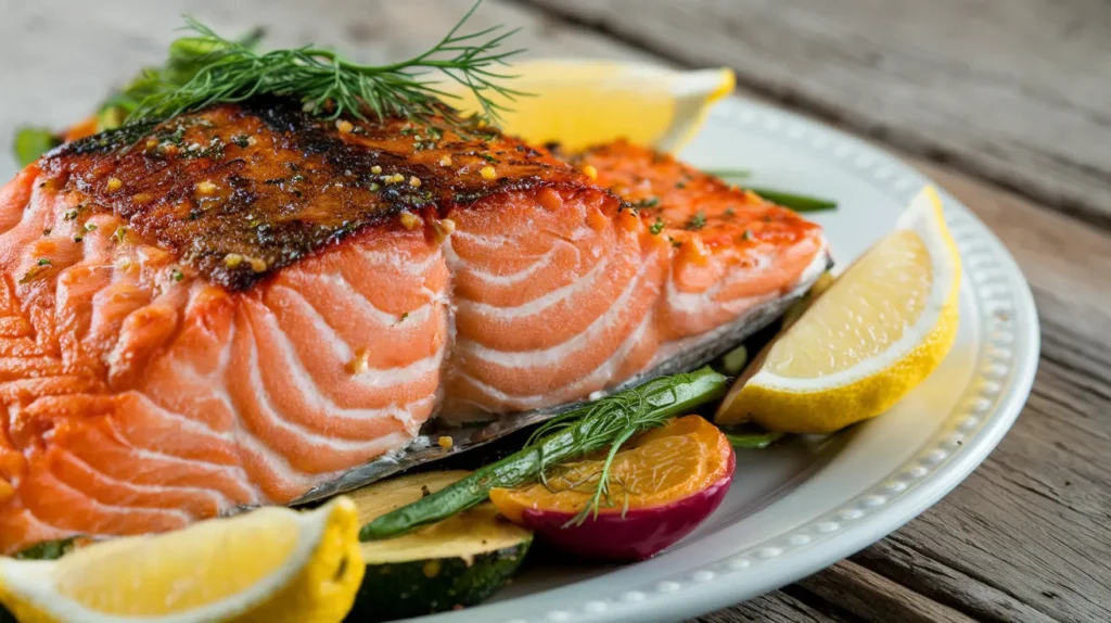 Fresh coho salmon fillets on ice with lemon and parsley.