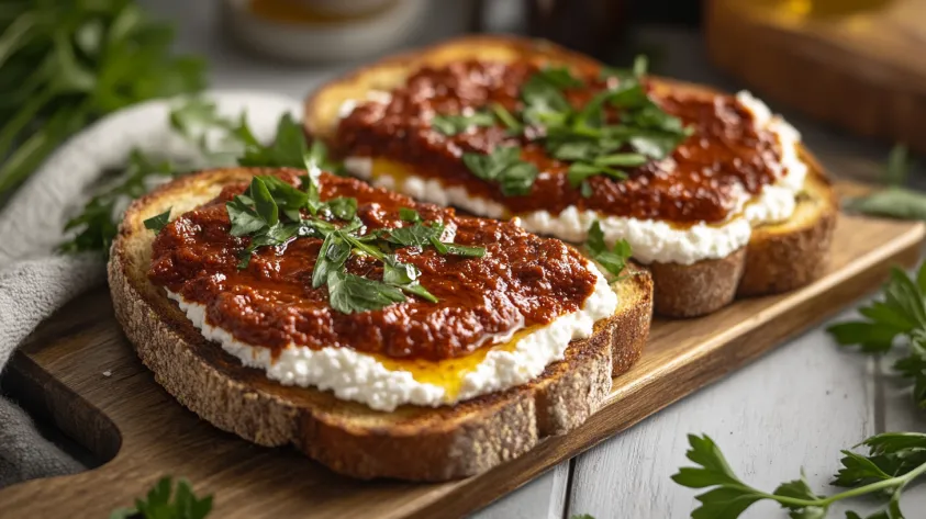 A close-up of nduja ricotta toast topped with fresh herbs and honey on a rustic wooden board.