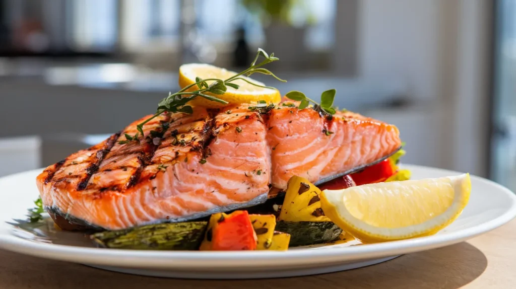 Grilled Coho salmon with roasted vegetables and lemon garnish.