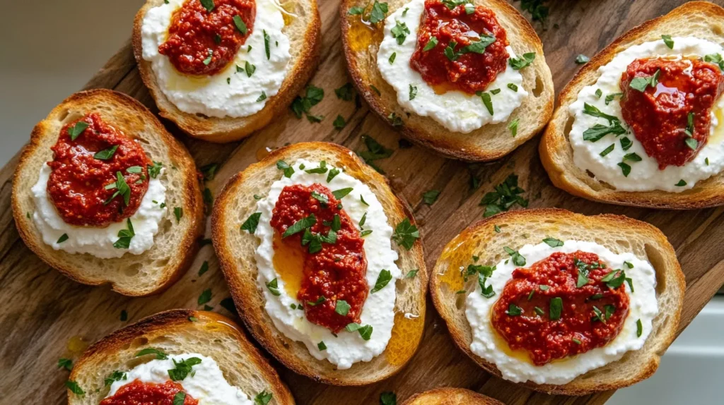 Nduja Ricotta Toast served on a rustic wooden board with fresh herbs and honey drizzle.