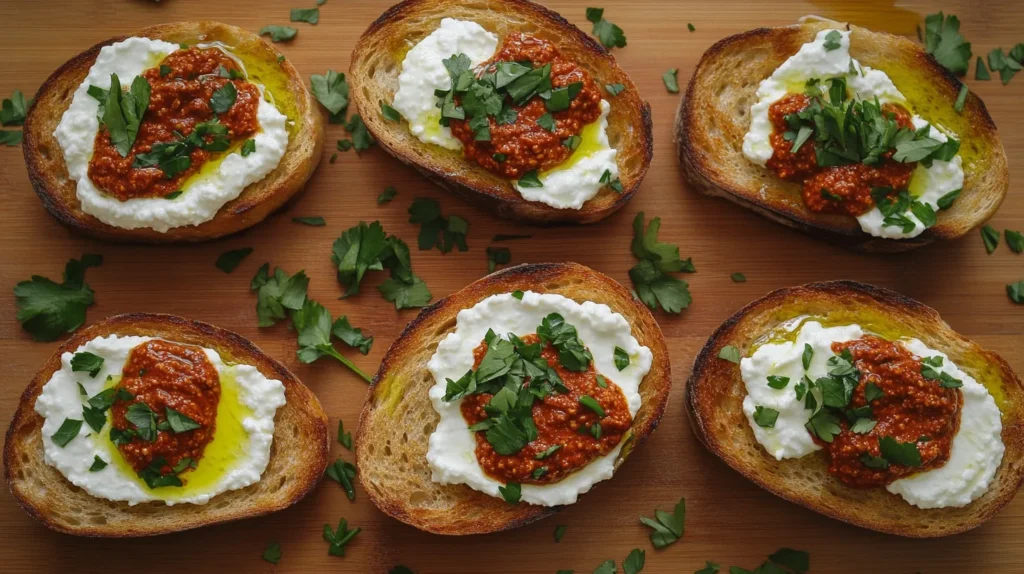 Overhead view of nduja ricotta toast with herbs and olive oil.