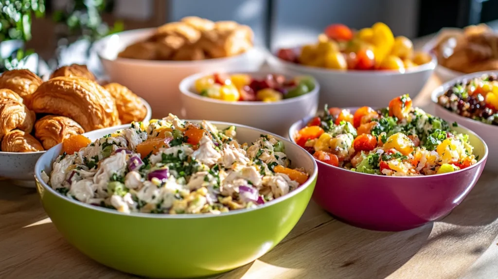 Chicken Salad Chick menu items displayed on a dining table with croissants and fruit.