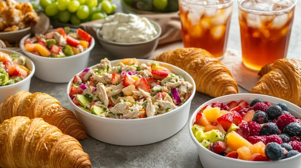 Chicken Salad Chick takeout menu items including chicken salad bowls, croissants, and sides.