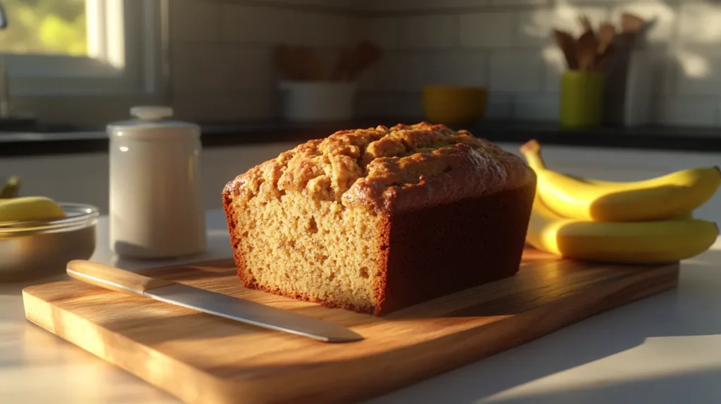 Golden moist banana bread made with oil, ready to serve on a wooden board.