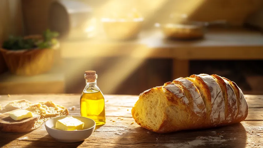 Freshly baked bread next to olive oil and butter dish on a wooden table.