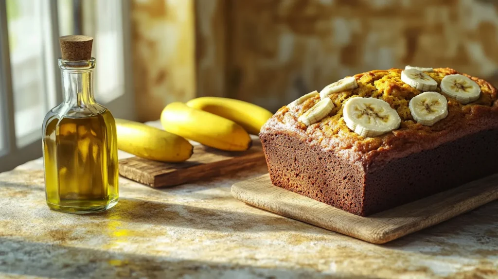 Freshly baked banana bread with olive oil and ripe bananas on a rustic table