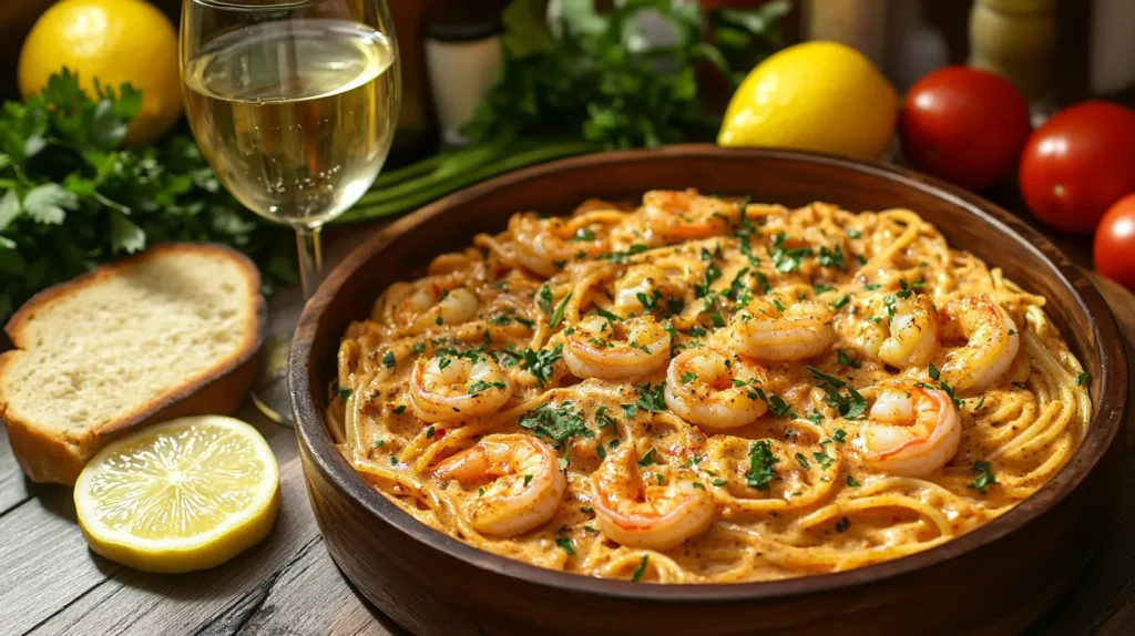 reamy Cajun chicken and shrimp pasta served with garlic bread