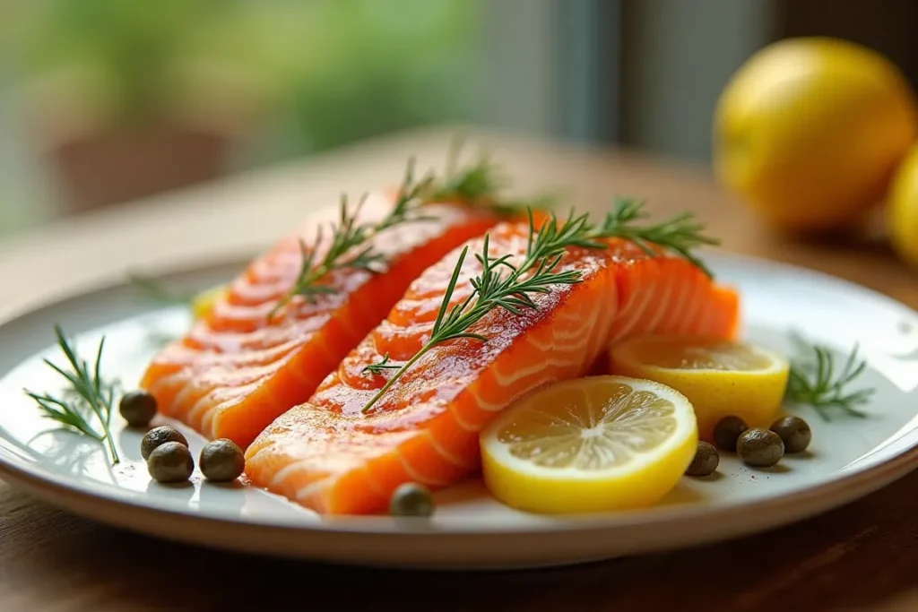 A beautifully styled plate of smoked Coho salmon with lemon slices, capers, and dill, served on a rustic wooden table in natural lighting.