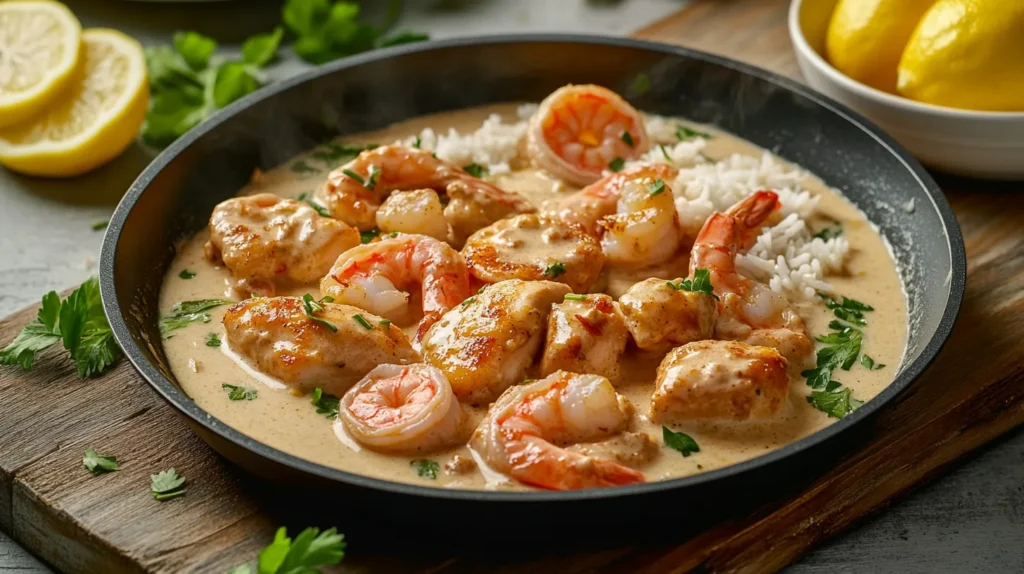 Chicken and shrimp cooked together in a creamy skillet with herbs and lemon.