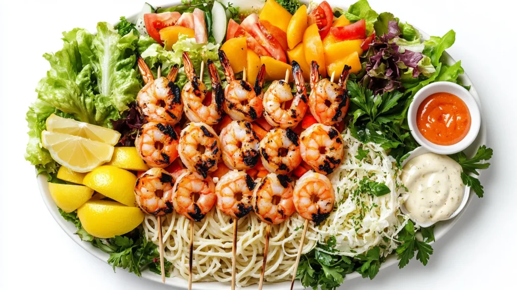 Shrimp platter with pasta, vegetables, and fruits