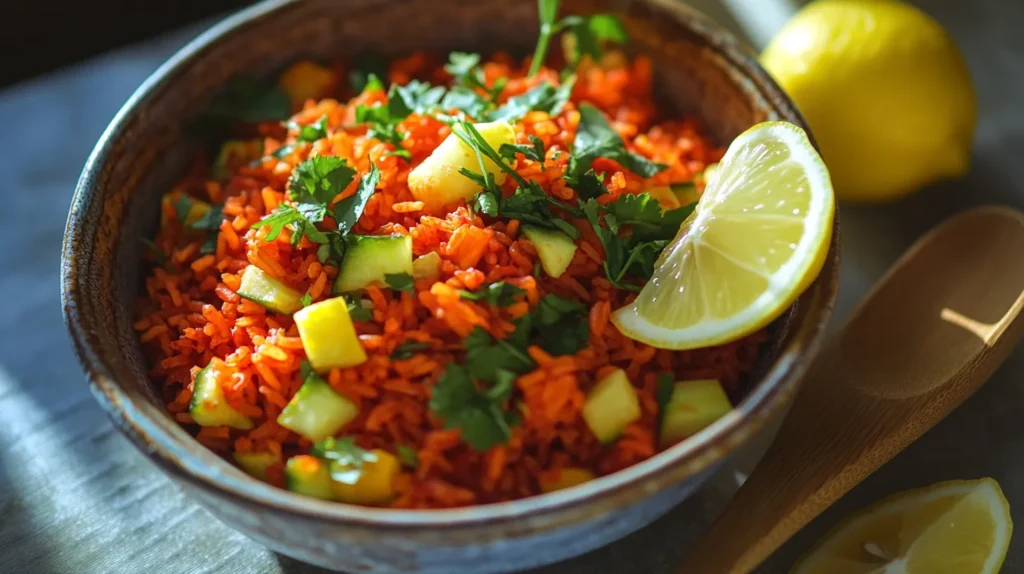 Bowl of red rice garnished with herbs and vegetables