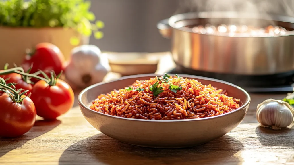 A bowl of Mexican red rice garnished with cilantro, served with tacos and vegetables.