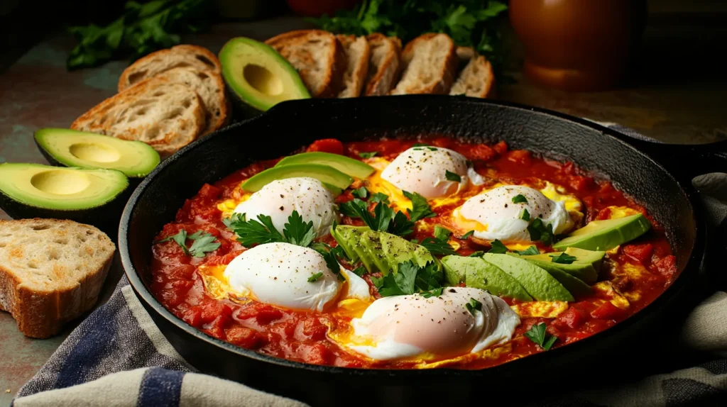 Cast iron skillet of Shakshuka with eggs in tomato sauce and herbs