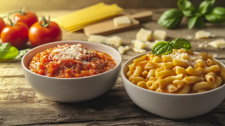 Ditali pasta in tomato sauce and ditalini in broth, displayed side by side.