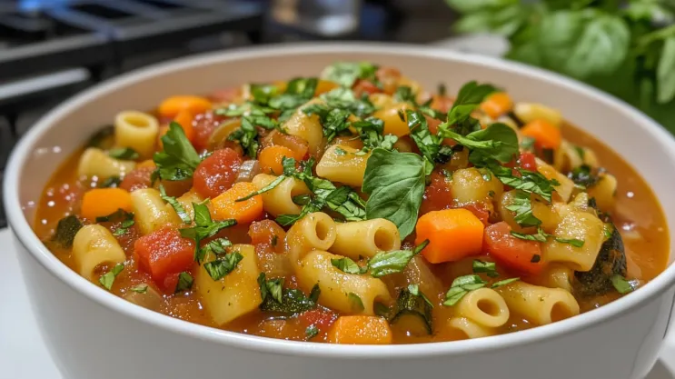 Minestrone soup with ditalini pasta and fresh vegetables