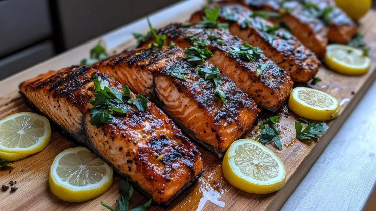 Grilled coho salmon fillet with herbs and lemon