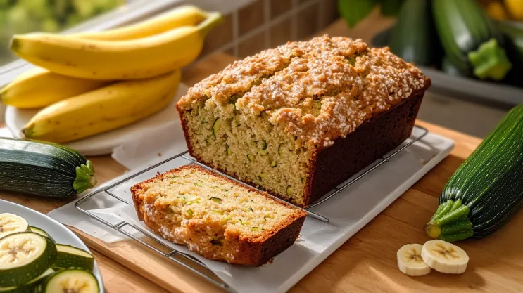 Freshly baked zucchini banana bread with bananas and zucchini.