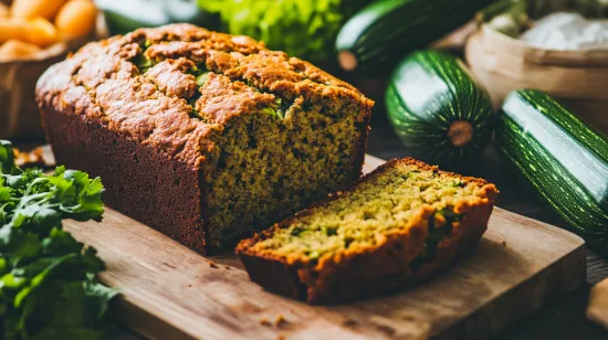 Close-up of moist zucchini bread sliced on a board with fresh zucchinis.