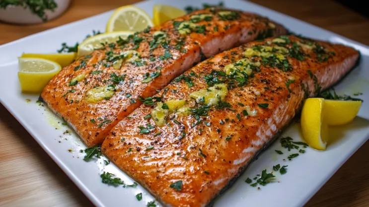 Golden-brown King Salmon fillet with lemon slices and fresh herbs on a plate