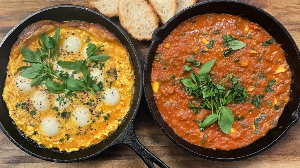 Eggs in Purgatory vs Shakshuka side by side in skillets.