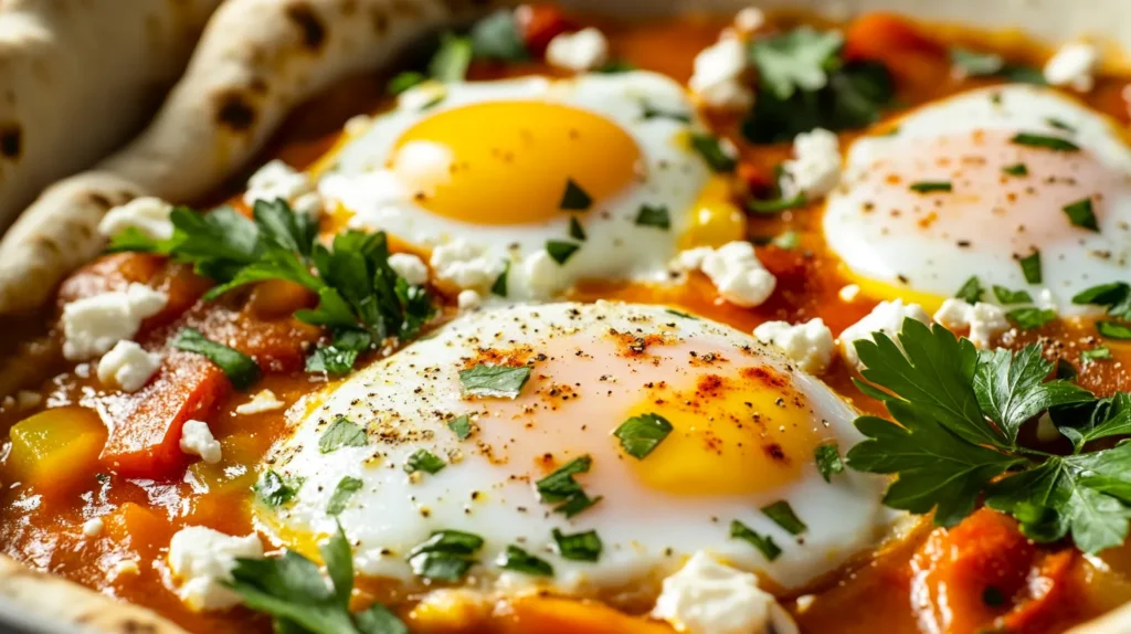 Shakshuka cooking in a spiced tomato sauce with garnishes.