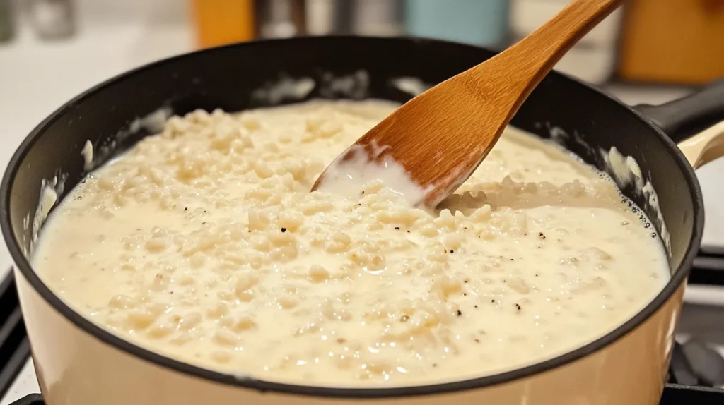 Sweet rice cooking in a pot with milk, stirred with a wooden spoon.