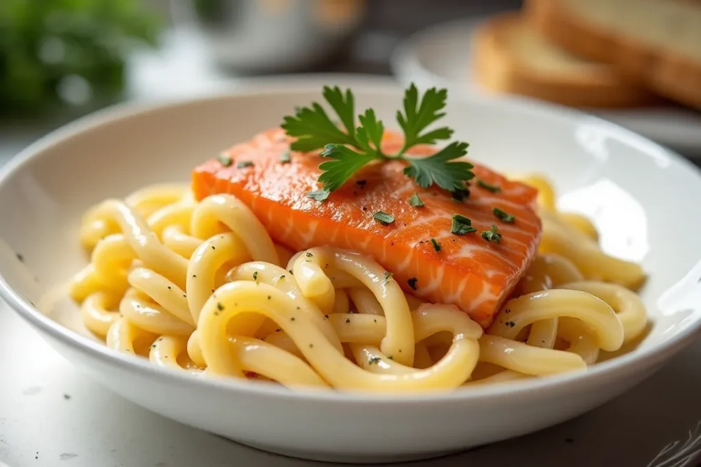 Creamy pasta with smoked Coho salmon, garnished with parsley.