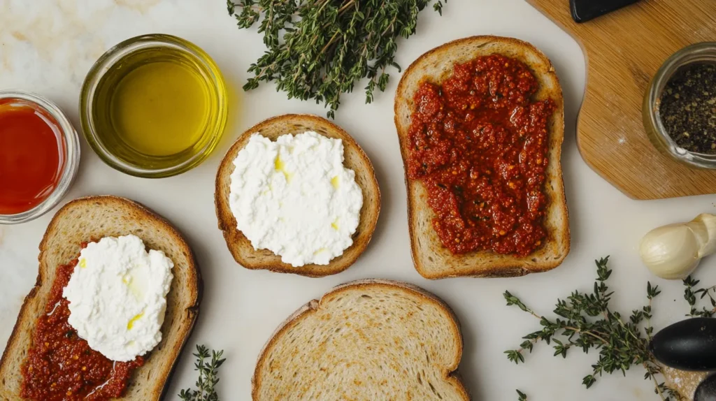 Ingredients for nduja ricotta toast laid out on a countertop, including sourdough bread, nduja, ricotta, and fresh herbs.