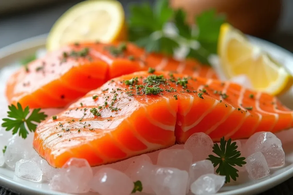 Coho salmon being seasoned with fresh herbs and lemon zest.