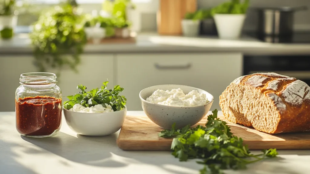 Fresh ingredients for Nduja Ricotta Toast including bread, ricotta, nduja, olive oil, and herbs.