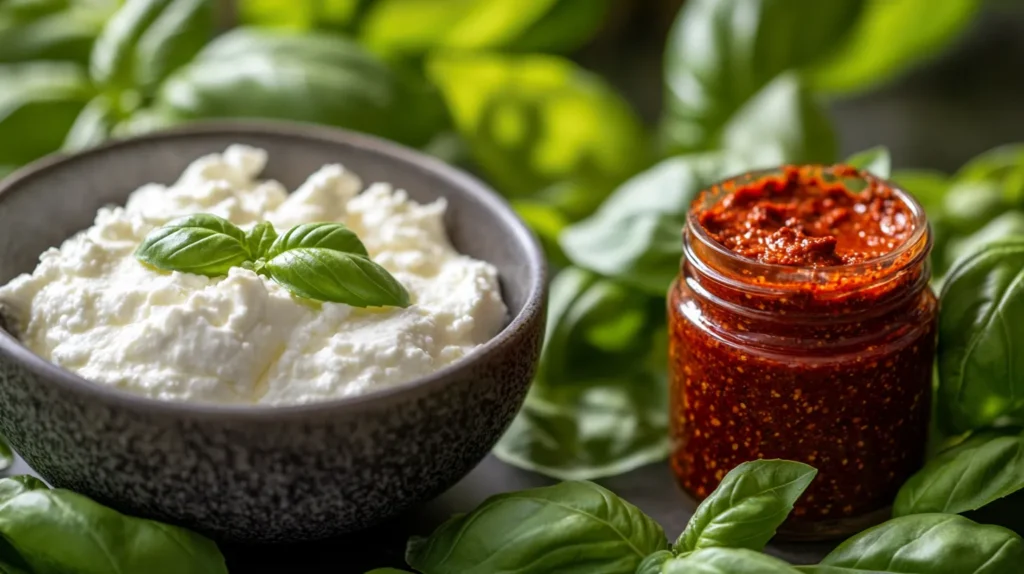 Ricotta cheese and nduja spread side by side with fresh basil.