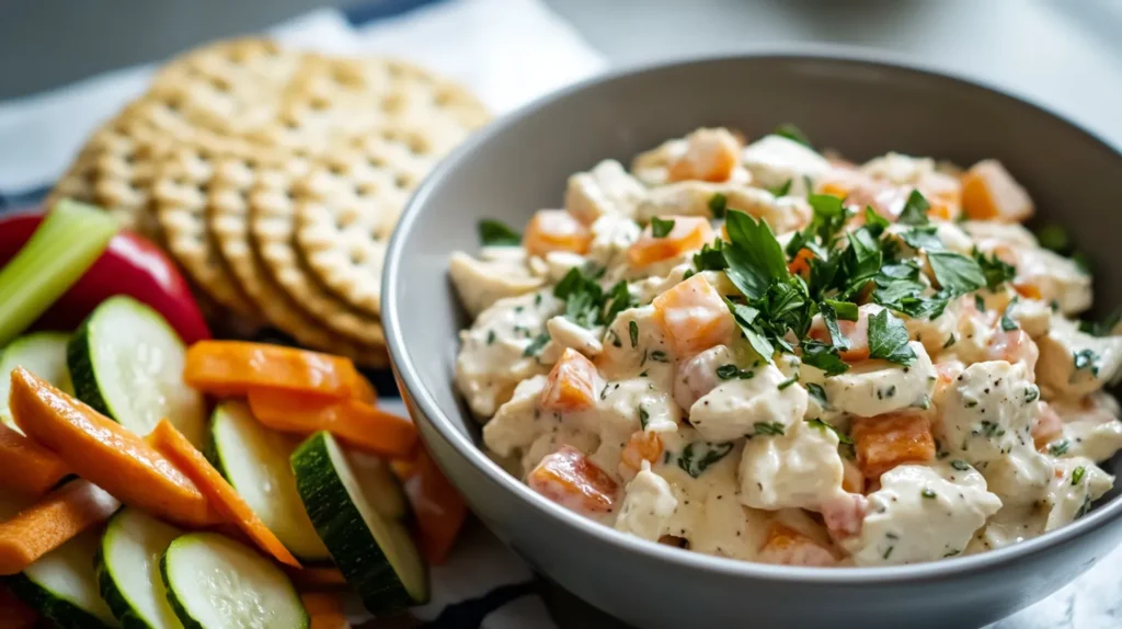 Signature chicken salad bowl with crackers and vegetables