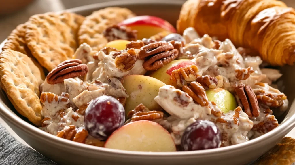 Fancy Nancy chicken salad with fresh fruit and pecans served with croissants and crackers.