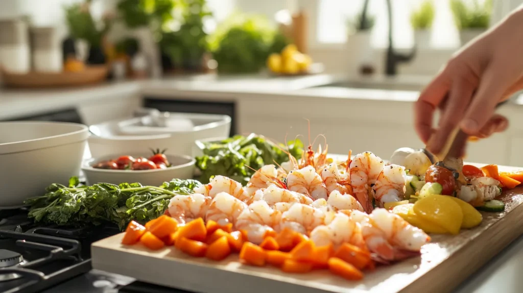 Preparing fresh ingredients for homemade fish food, including shrimp and vegetables.