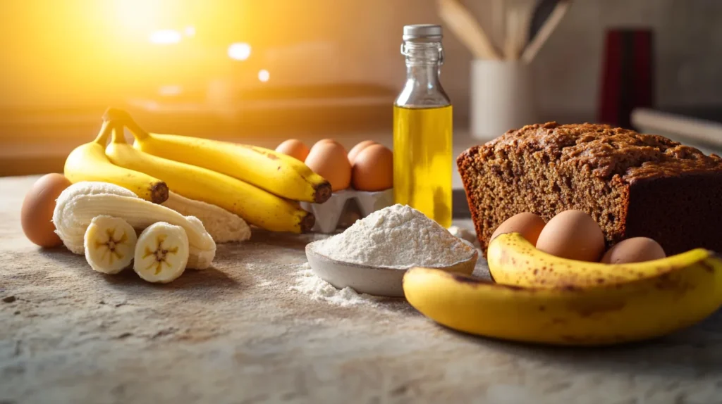 Flat-lay of key banana bread ingredients, including ripe bananas, a bottle of vegetable oil, flour, eggs, and sugar on a rustic countertop.