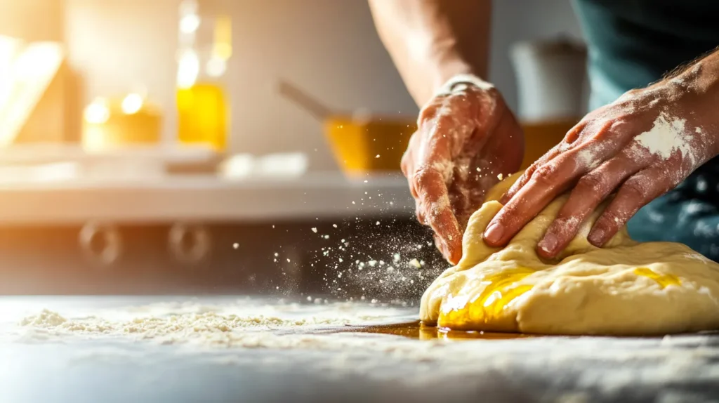 Hands kneading dough with oil and flour on a wooden countertop