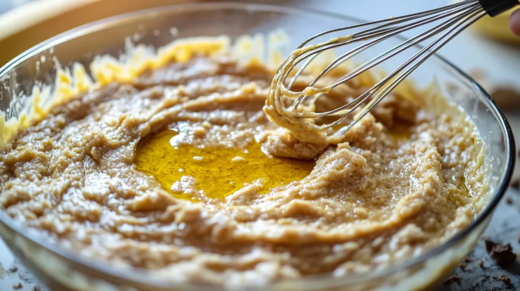 Banana bread batter being stirred with a drizzle of olive oil in a glass bowl